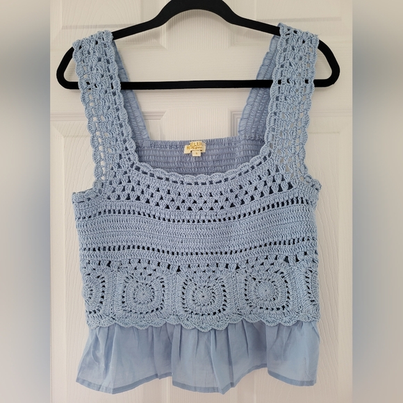 Coastal Boho Crocheted Smocked Blue Cropped Top Tank Size Small- Rebellion Again - Picture 2 of 5